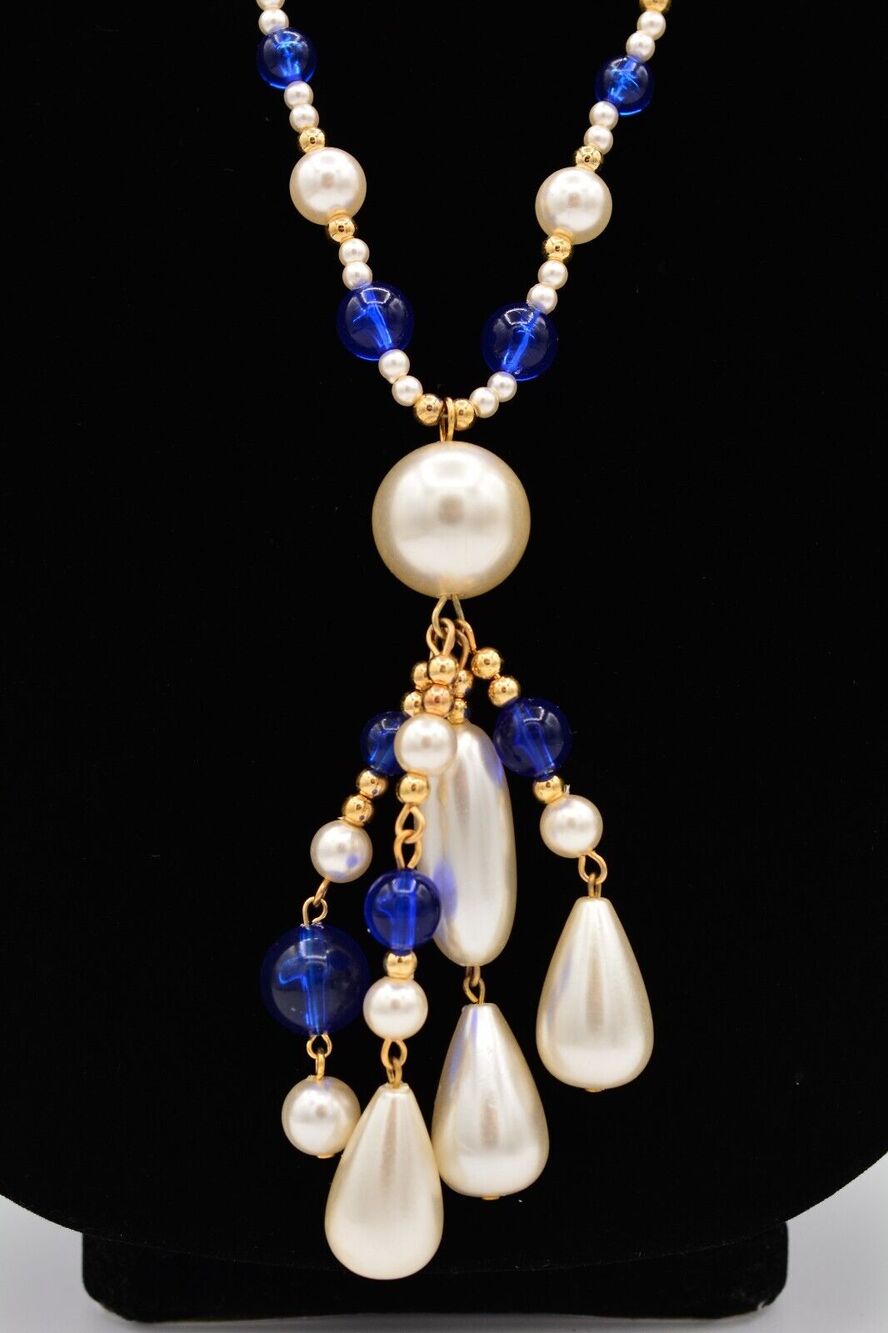 Vintage Beaded Necklace Blue Lucite White Faux Pearl Gold Tassel NOS 1980s BinA5